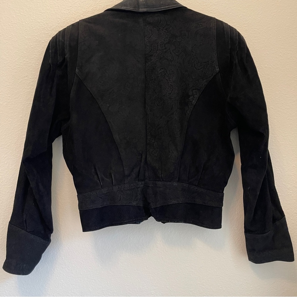 Otello Pelle Cropped Leather Jacket Black Paisley Vintage Moto Style Y2K 90s - Picture 3 of 15